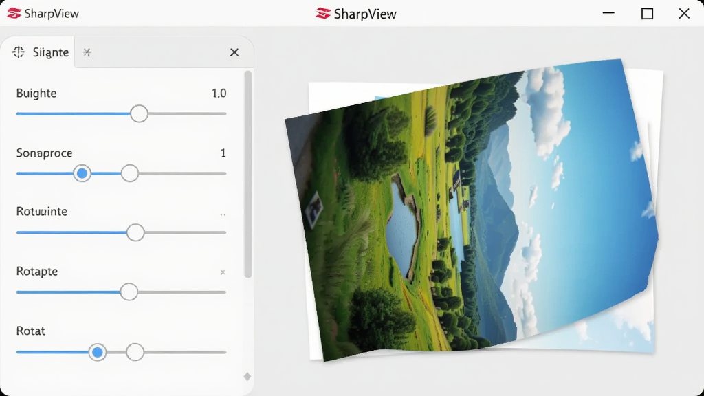 展示SharpView软件界面中的图像调整面板,面板上有亮度、对比度、旋转等调节滑块,旁边是一张正在被旋转调整的风景照片,画面风格为清新简约的UI插画,背景为浅灰色,元素排列整齐,干净利落,高清画质