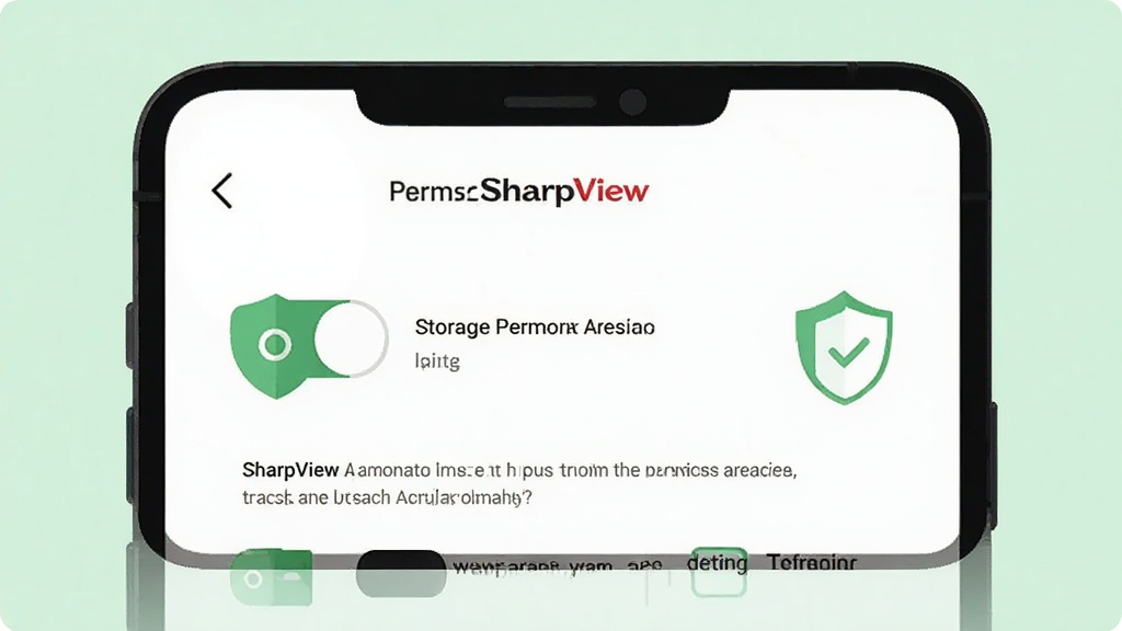 一部手机屏幕显示SharpView的权限设置引导页面,页面上有存储权限开关与提示文字,旁边有盾牌与对勾图标,风格为简洁的扁平化插画,背景为浅绿色,画面干净,无多余元素,高清画质