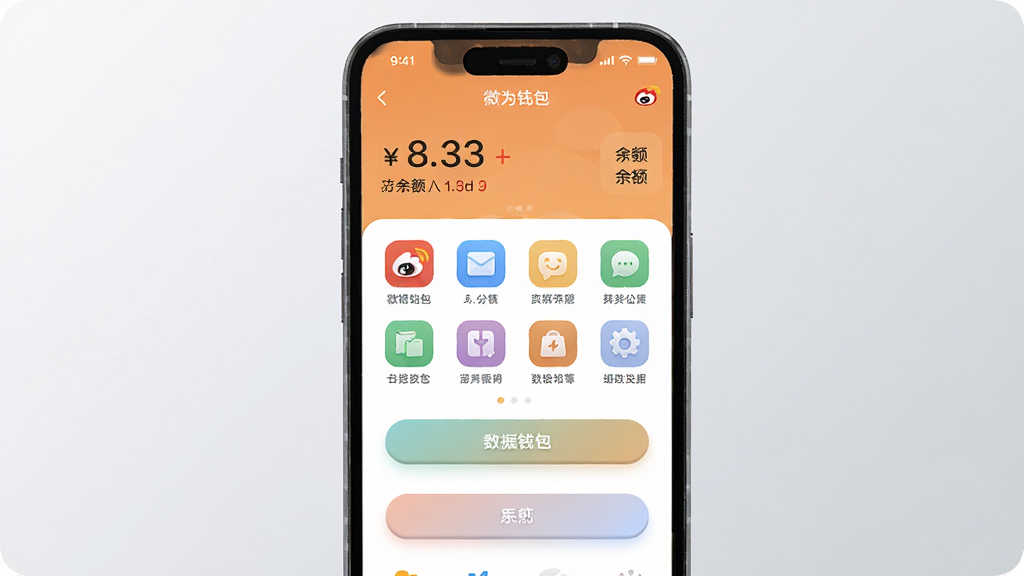 画面主体为一部智能手机,屏幕居中展示微博钱包应用的主界面,界面设计简洁,上方有余额显示和功能图标矩阵,布局采用上下分层结构,排版清晰有序,风格为现代扁平化科技风,细节上图标色彩柔和、按钮带有轻微立体感,画质高清锐利,画面干净无多余杂物,背景为浅灰色渐变。