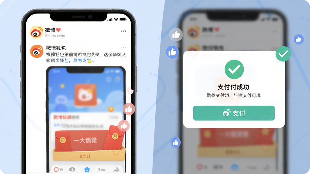 画面主体为微博钱包的社交支付场景,布局为左侧展示微博动态界面,右侧展示支付成功弹窗,排版采用左右对比式构图,风格为清新明快的互联网插画风,细节上包含红包、点赞图标和支付对勾符号,画质清晰干净,无多余元素,背景为柔和的浅蓝色。