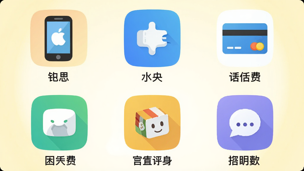 画面主体为微博钱包生活缴费功能界面,布局为九宫格图标矩阵,包含手机、水电、信用卡等图标,排版居中对称,风格为圆角卡通扁平风,细节上图标色彩鲜明、每个图标下方配有文字标签,画质清晰,背景为淡黄色柔和光晕,画面干净无杂乱。