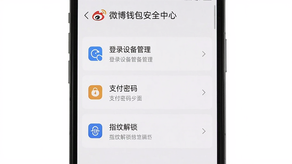 画面主体为手机屏幕展示微博钱包安全中心设置页面,布局为纵向列表式,包含登录设备管理、支付密码、指纹解锁等选项,排版整齐,风格为清爽简约的移动端UI风,细节上列表项带有小图标和箭头指示,画质清晰,背景为纯白色,画面干净无干扰元素。