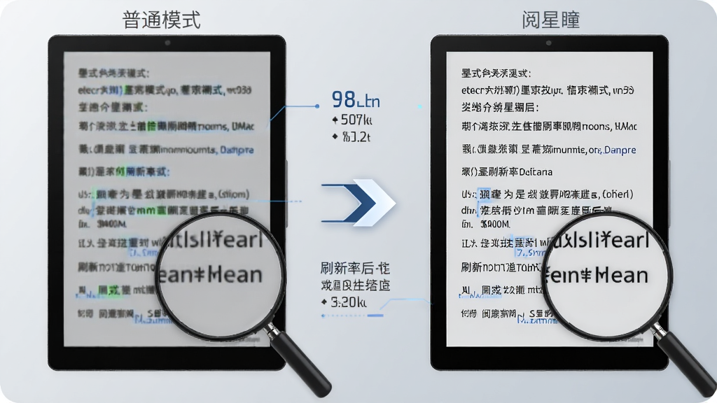 一张展示电子墨水屏刷新效果对比的示意图,画面左侧为普通模式下的文字残影,右侧为“阅星”优化后的清晰页面,中间带有切换箭头,风格为科技感信息图,细节包括刷新率数值标注和屏幕局部放大镜效果,画质锐利干净,背景为浅灰色渐变