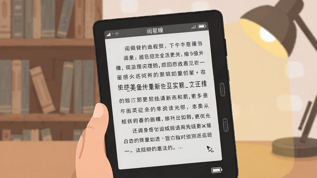 一幅展示电子墨水屏设备阅读场景的插画,画面中央是一台手持墨水屏阅读器,屏幕上显示着排版整洁的中文小说页面,页面顶部带有“阅星”字样的状态栏,设备周围有柔和的书架背景和暖色台灯光晕,风格为扁平化数字插画,细节包括清晰的文字行距、翻页按钮和电量图标,画质清晰干净,无多余装饰元素