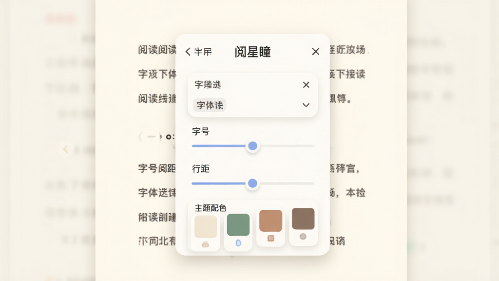 一幅展示阅读界面自定义选项的UI示意图,画面中央是“阅星”的排版设置面板,包含字体选择列表、字号滑块、行距调节条和主题配色卡片,背景为柔和的米白色阅读页面,风格为现代简约的移动应用界面设计,细节包括圆角控件和细腻的阴影层次,画质清晰干净,无杂乱元素