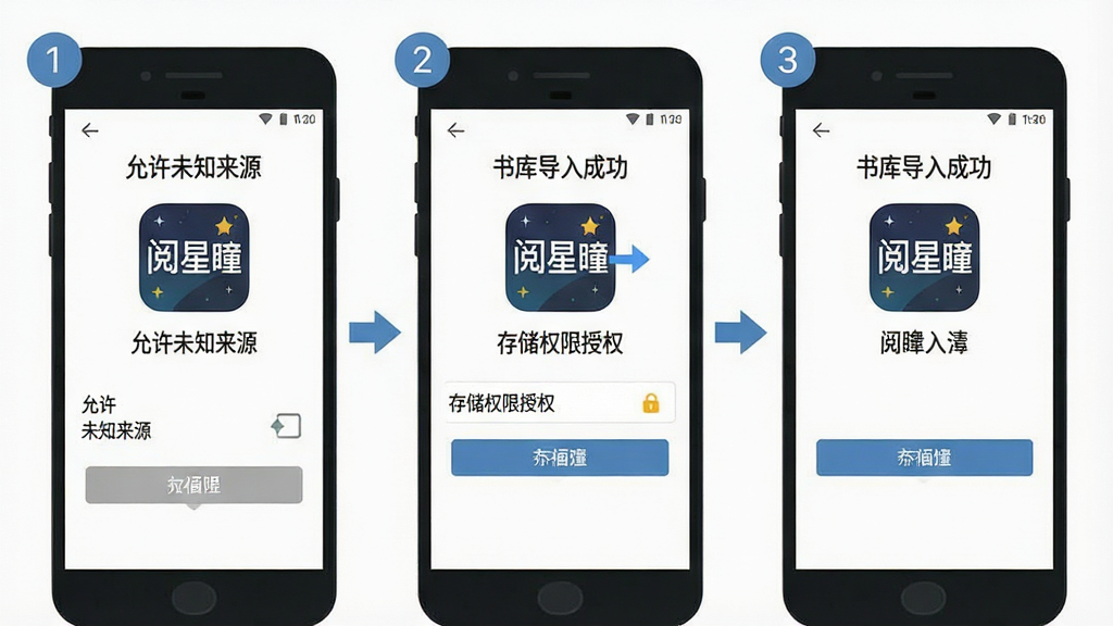 一幅展示手机安装APK文件流程的步骤示意图,画面分为三个并排的手机屏幕,分别显示“允许未知来源”“存储权限授权”和“书库导入成功”界面,界面中带有“阅星”应用图标和中文提示文字,风格为扁平化教程插画,细节包括清晰的按钮高亮和步骤序号,画质干净明亮,无多余背景元素