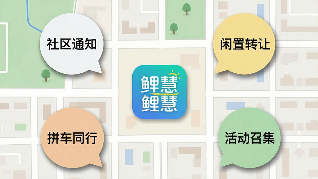 画面主体为一张俯视视角的社区地图,地图上分布多个圆形内容气泡,气泡内分别绘制文字“社区通知”“闲置转让”“拼车同行”“活动召集”,地图中央放置“鲤慧”应用图标,布局为地图铺满背景、气泡错落分布,风格为现代扁平化信息图,细节上气泡边缘带轻微阴影、地图道路线条简洁,画质清晰干净,无多余元素