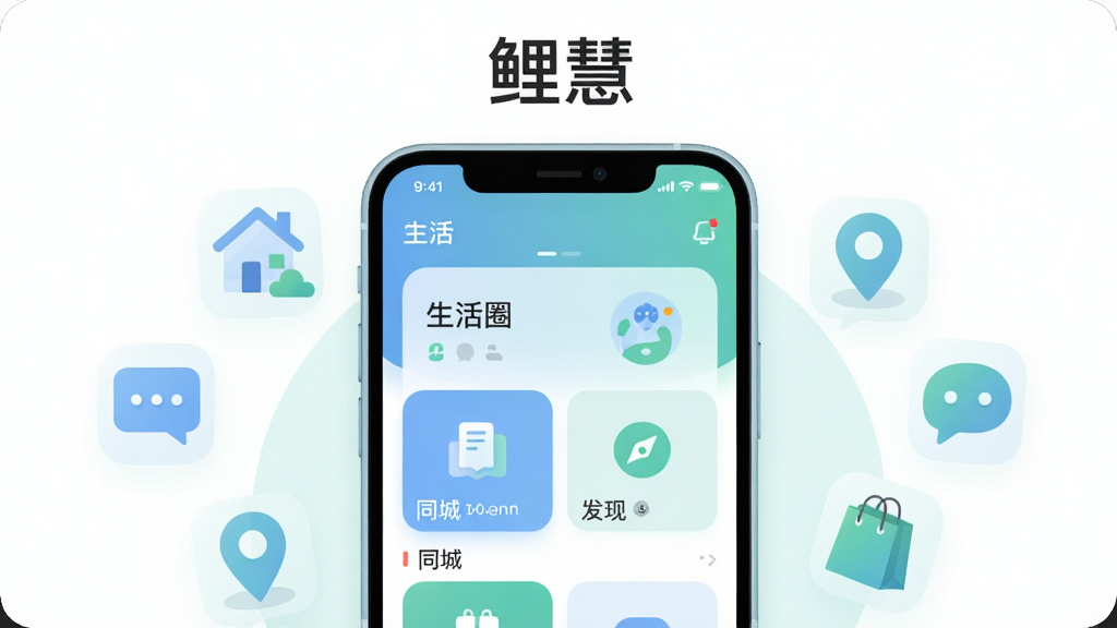 画面主体为一部竖屏智能手机,屏幕中央展示鲤慧应用主界面,界面包含“生活圈”“同城”“发现”等模块卡片,手机周围环绕半透明的生活场景小图标如房屋、聊天气泡、定位标记、购物袋,布局采用居中对称构图,上方留白放置应用名称“鲤慧”,风格为清新扁平化插画,细节上手机边框圆润、图标色彩柔和以蓝绿为主,画质清晰干净,无多余元素