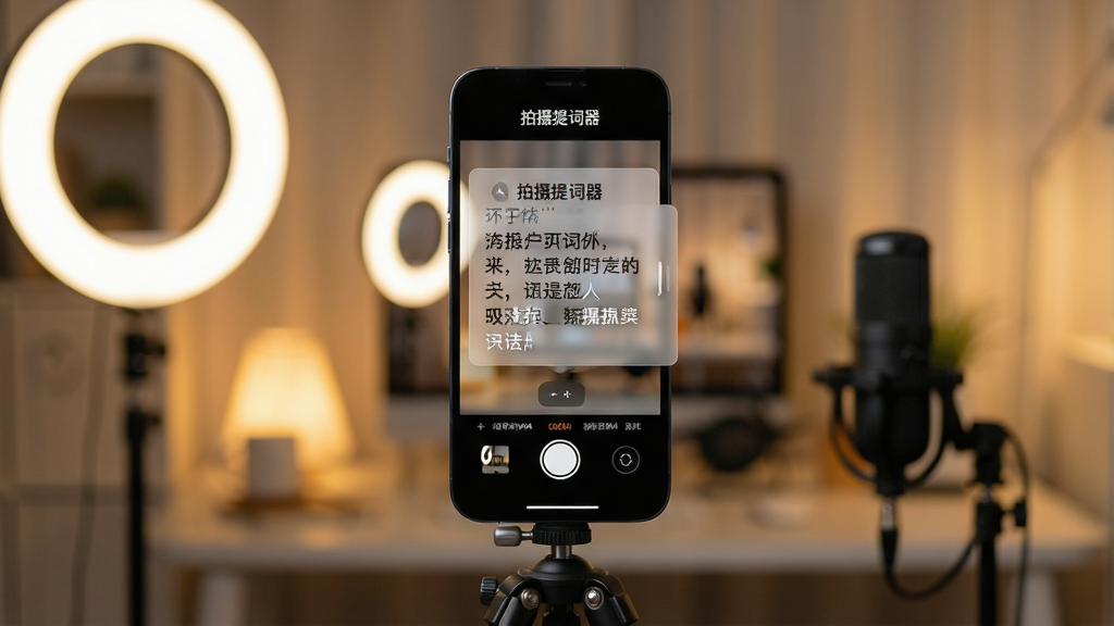 一张展示手机拍摄提词器应用界面的场景图。主体是一部架在桌面三脚架上的智能手机,屏幕显示着半透明悬浮提词窗口和滚动的文字内容。布局为手机居中,背景是虚化的温馨室内环境,有环形补光灯和麦克风。排版清晰,风格现代科技感,细节包括手机屏幕上的控制按钮和清晰的字体显示,画质高清,干净无多余元素,画面中出现“拍摄提词器”字样。