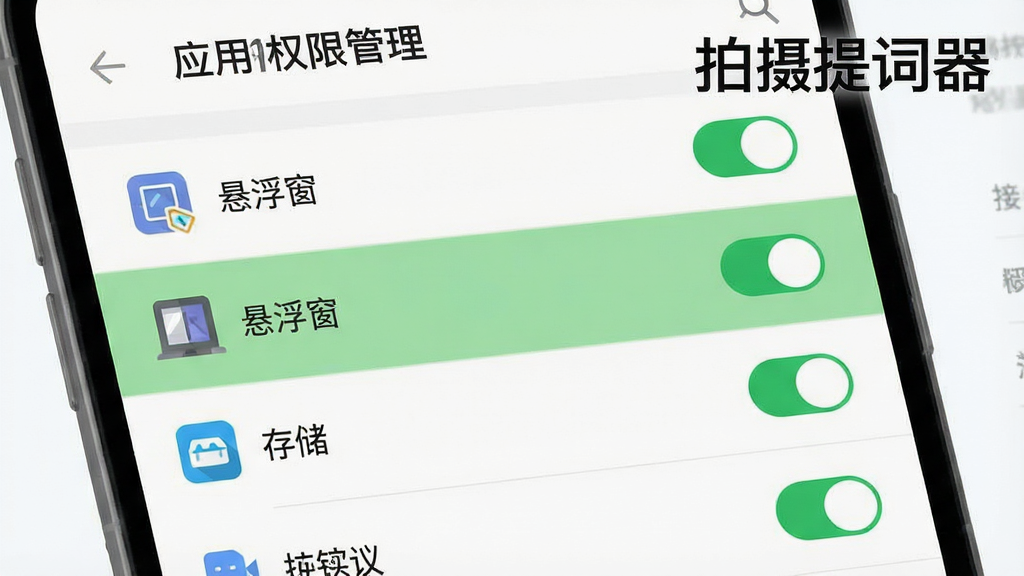一张展示手机权限设置界面的示意图。主体是手机设置菜单中的“应用权限管理”页面,高亮显示“悬浮窗”和“存储”权限开关为开启状态。布局为列表式排列,背景为浅色系统界面。风格为扁平化图标设计,细节包括权限开关的绿色状态指示,画质清晰,画面干净,带有“拍摄提词器”文字标注。