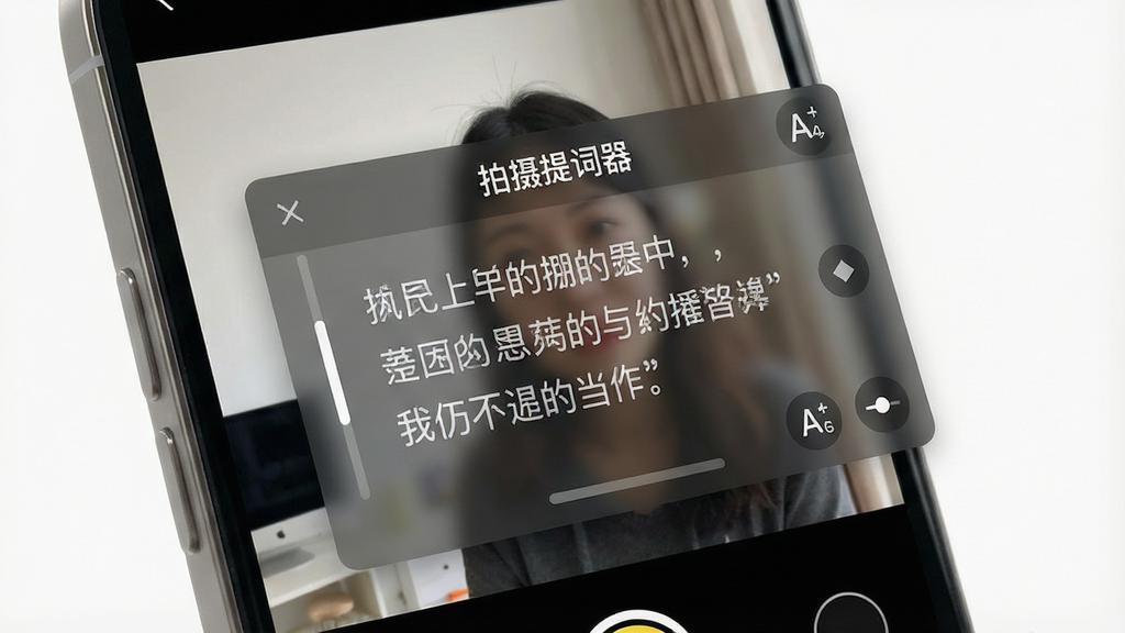 一张展示悬浮提词功能的效果图。主体是手机屏幕特写,屏幕上同时显示着相机拍摄画面和一个半透明的悬浮提词文本框,文本框内滚动着中文台词。布局为手机屏幕占满画面,排版突出悬浮窗的叠加效果。风格为UI界面展示,细节包括悬浮窗的拖动条、字体大小调节图标,画质清晰锐利,干净且无杂乱元素,画面中带有“拍摄提词器”文字标识。