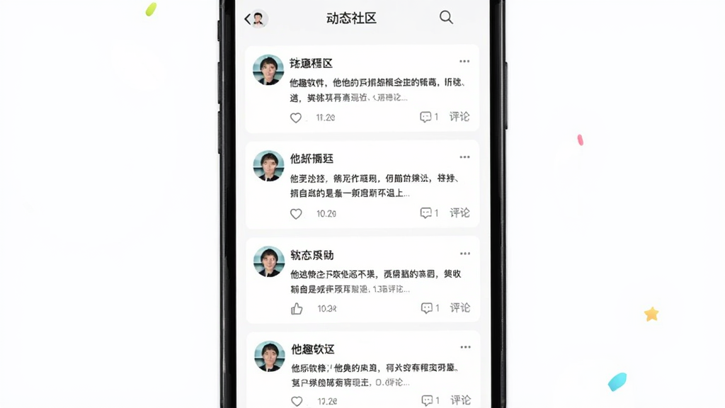 他趣软件内的动态社区页面展示图,主体为手机屏幕中排列的多条用户动态卡片,布局为纵向瀑布流,排版整齐,风格清新明快,细节包含用户头像、文字内容、点赞评论图标,画质清晰干净,无多余元素