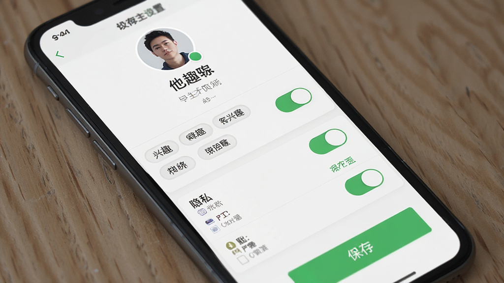 他趣软件个人主页设置界面展示图,主体为手机屏幕内呈现的个人资料编辑页面,布局为上下结构,上方为头像与昵称区域,下方为兴趣标签与隐私开关列表,排版规整,风格为浅色简约设计,细节包含开关按钮、文字说明与保存按钮,画质清晰干净,无多余元素