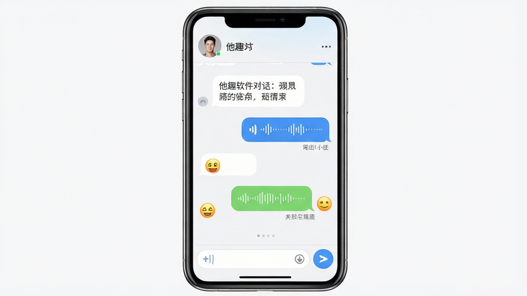 他趣软件聊天对话界面展示图,主体为手机屏幕内呈现的聊天窗口,包含文字气泡、语音条与表情图标,布局居中,排版清晰,风格为简约现代设计,细节包含顶部联系人名称、底部输入框与发送按钮,画质清晰干净,无多余装饰