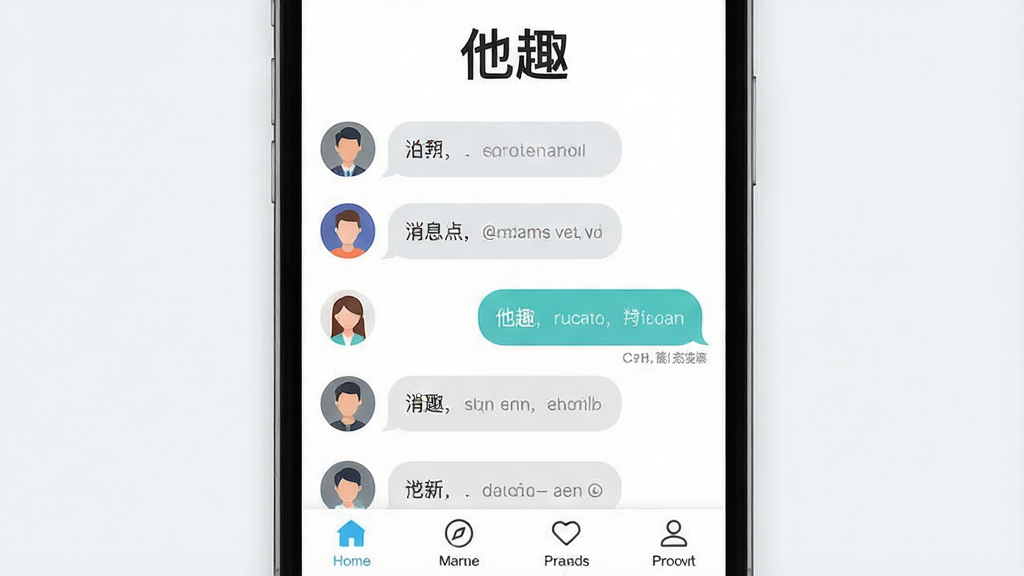 一款名为“他趣”的社交聊天应用界面展示图,主体为手机屏幕内呈现的聊天列表与动态页面,布局居中,上方放置软件名称“他趣”字样,排版简洁清晰,风格为现代扁平化设计,细节包含头像、消息气泡、底部导航栏图标,画质清晰干净,无多余装饰元素
