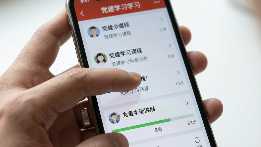 画一幅移动学习场景图,主体为一只手握持手机,屏幕内显示党建学习课程列表与进度条,布局为近景特写构图,风格为写实摄影风,细节上体现手指触控动作与屏幕反光质感,画质高清,画面干净,无多余元素