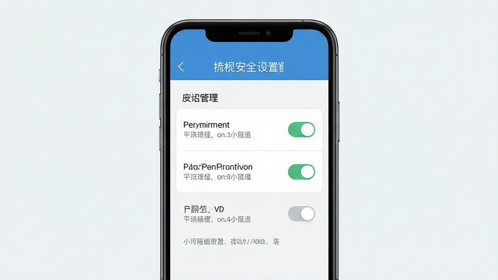 画一幅手机安全设置界面示意图,主体为手机屏幕展示应用权限管理页面,布局为居中对称构图,风格为简洁扁平化UI风格,细节上体现权限开关按钮与提示文字区域,画质高清,画面干净,无多余元素
