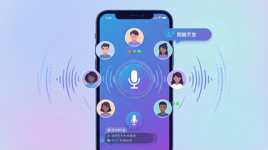 主体为手机屏幕展示语音聊天室界面,包含多个圆形头像环绕排列,麦克风图标醒目,声波纹理从中心向外扩散;布局为手机居中,背景为柔和渐变;排版清爽,元素层次分明;风格为现代科技感插画,配色以蓝紫渐变为主;细节包含声波动画线条、发言状态标识、弹幕文字气泡;画质高清,干净简洁无多余装饰
