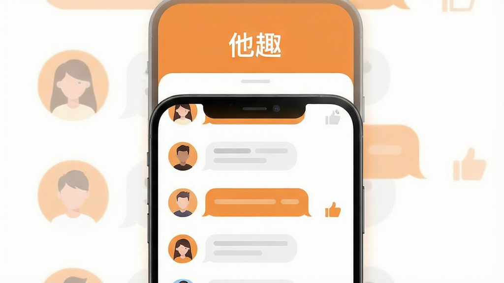 主体为一部智能手机居中放置,屏幕中展示社交聊天应用界面,包含头像列表和聊天气泡元素;布局采用上下分层,上方为应用名称“他趣”字样,下方为手机主体;排版简洁居中,留白充足;风格为现代扁平化UI插画风,配色以暖橙与白色为主;细节包含圆形头像、消息气泡、点赞图标等社交元素;画质清晰锐利,干净无多余元素