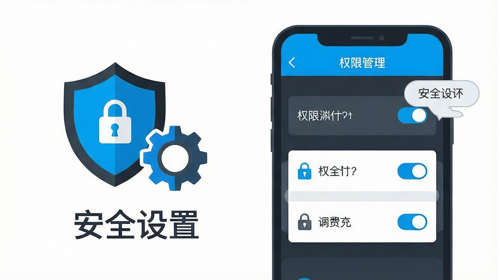 主体为手机界面展示权限管理设置页面,旁边配有盾牌与齿轮图标,画面下方有“安全设置”文字标识;布局为手机偏右、图标偏左的平衡构图;排版清晰,信息层级分明;风格为科技安全主题扁平插画,配色以深灰与亮蓝为主;细节包含权限开关按钮、锁形图标、提示气泡;画质干净锐利,无多余杂乱元素