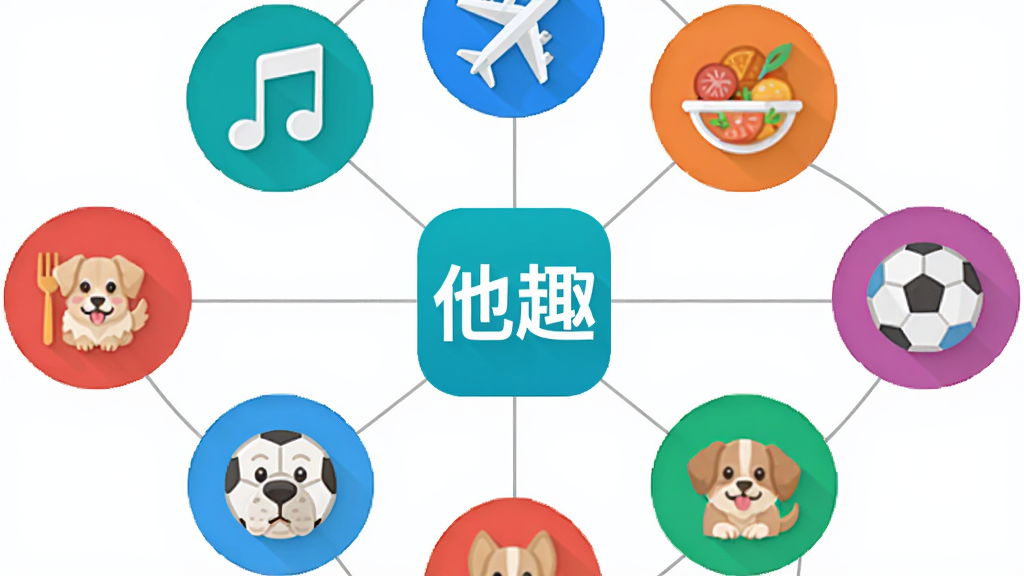 主体为多个圆形图标以放射状排列,每个图标代表不同兴趣领域如音符、飞机、美食、足球、宠物等,中心位置放置“他趣”应用图标;布局为放射状圆形构图,视觉聚焦中心;排版均衡对称;风格为扁平化图标设计,配色明快活泼;细节包含细线连接各图标,体现圈子关联性;画质清晰,背景干净无杂乱元素