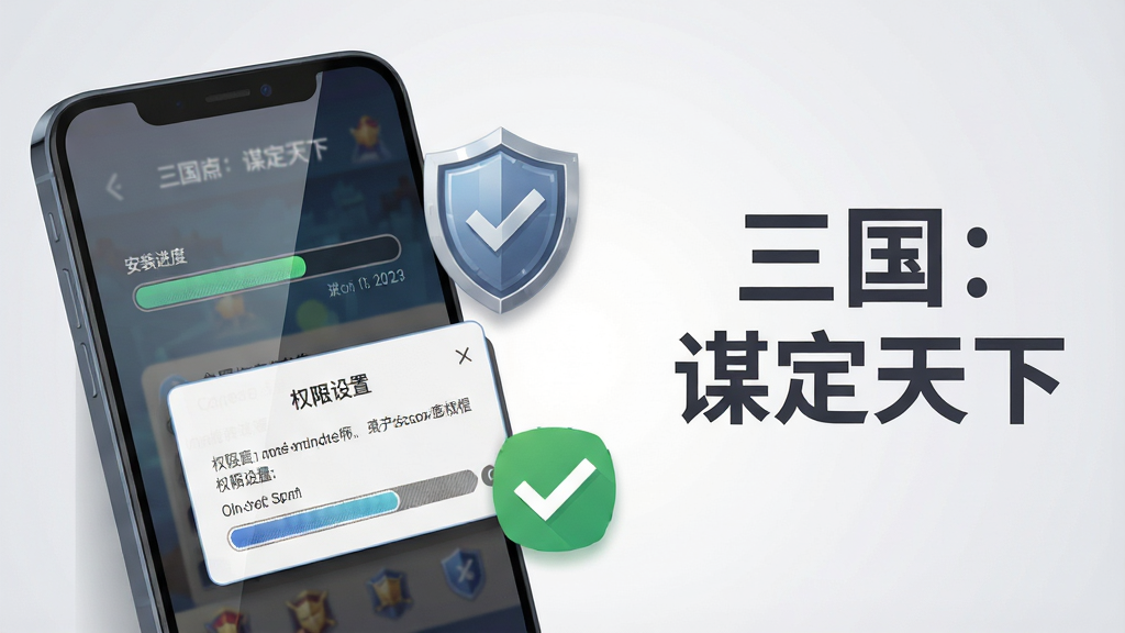 画面主体为一部智能手机屏幕特写,屏幕上显示游戏安装进度条与权限设置弹窗,手机旁边放置一个盾牌图标与对勾标记,背景为浅灰色渐变,画面右侧以深灰色字体书写“三国:谋定天下”,布局为产品展示式构图,风格为扁平科技插画,细节包括屏幕反光、图标阴影与进度条纹理,画质清晰,画面干净,无多余元素