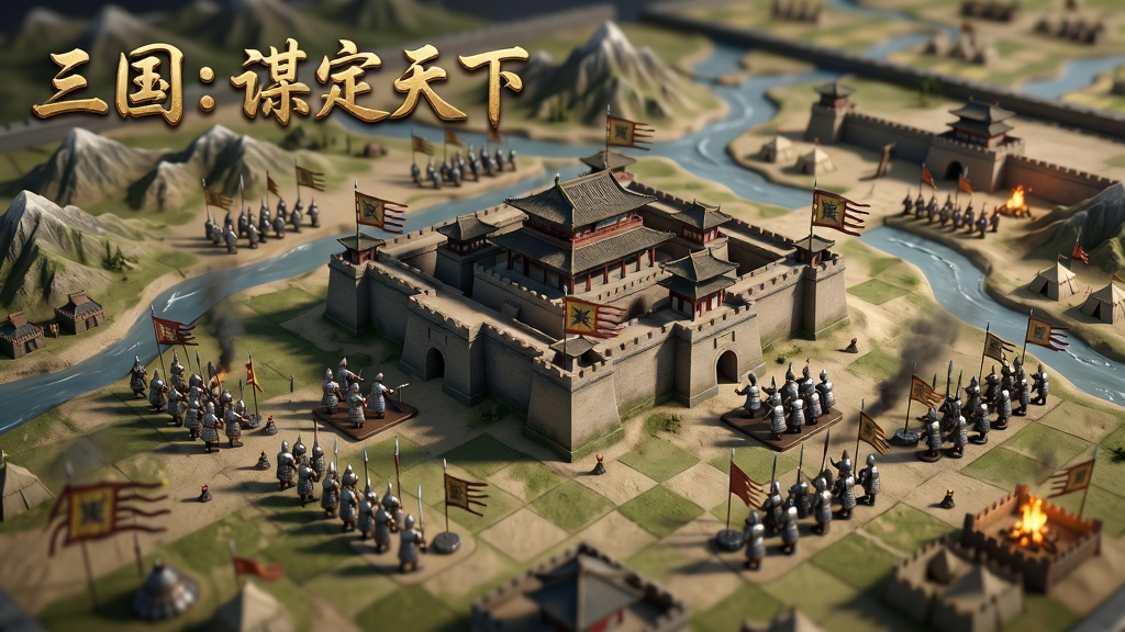 画面主体为一幅宏大的三国古战场全景沙盘,中央是一座巍峨的古代城池,城墙高耸、旌旗招展,城池四周分布着山川、河流、关隘与营寨,多支军队以棋子形式在沙盘上列阵推进,画面左上角以金色浮雕字体书写“三国:谋定天下”,布局采用俯视全局视角,前景清晰后景微虚,风格为写实国风与策略棋盘融合,细节包括铠甲反光、旗帜纹理、地形起伏与营火烟雾,画质高清,画面干净,无多余元素