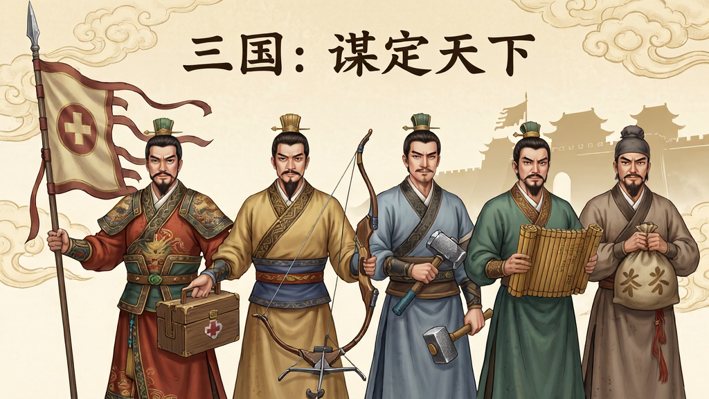 画面主体为六位身着不同风格三国服饰的职业角色并排站立,从左至右分别手持战旗、药箱、弓弩、工具锤、竹简与粮袋,背景为淡金色云纹与城池剪影,画面正上方以隶书字体书写“三国:谋定天下”,布局为横向人物群像,风格为国风工笔插画,细节包括服饰纹样、武器质感与人物神态,画质精细,画面干净,无多余元素