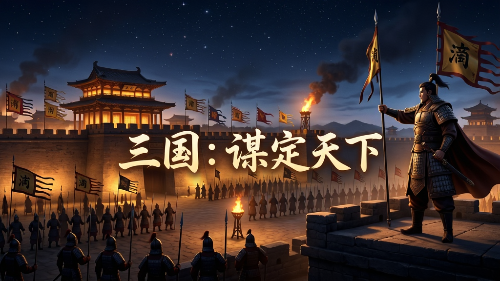 画面主体为一座灯火通明的古代城池夜景,城墙上同盟旗帜林立,城外多支军队正在集结,画面右侧为一位手持令旗的指挥官立于高台,背景星空与烽火交相辉映,画面中部以发光字体书写“三国:谋定天下”,布局为远近景层次分明,风格为史诗感国风CG,细节包括火光映照、旗帜飘动与士兵剪影,画质高清,画面干净,无多余元素