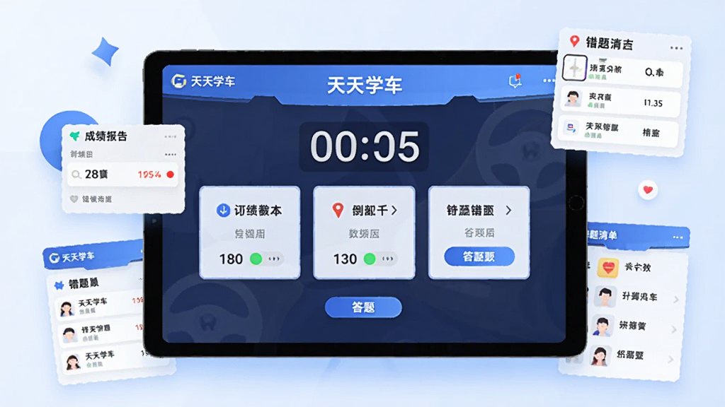画面中央为一部横向摆放的平板设备,屏幕上显示“天天学车”模拟考试界面,包含倒计时数字、题目卡片与答题选项按钮,布局上设备居中,四周环绕悬浮的成绩报告卡片与错题清单缩略图,排版呈现环绕式构图,风格为明快的科技感扁平插画,细节包括淡蓝色渐变背景、清晰的分数数字、红绿状态标识与柔和阴影,画质高清干净,无多余元素