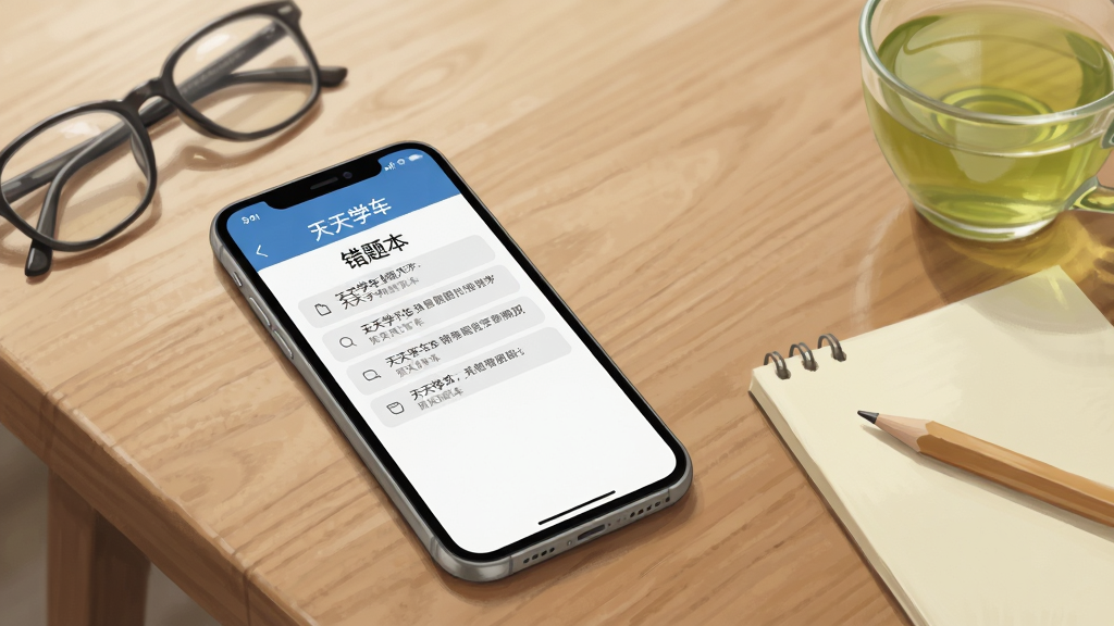 一部手机平放在木质桌面上,屏幕显示“天天学车”错题本页面,手机旁摆放一副眼镜与一杯清茶,布局上手机占据画面主体偏左,右侧留白处放置便签与铅笔,排版为生活化静物构图,风格为清新写实的插画风,细节包括柔和自然光、木质纹理、清晰屏幕内容与轻微景深,画质细腻干净,无多余元素