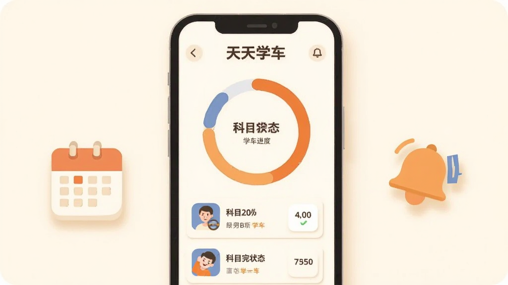 一部竖屏手机居中展示“天天学车”学车进度页面,屏幕内为环形进度条与科目完成状态列表,布局上手机位于画面中央,左右两侧分别点缀日历图标与铃铛提醒图标,排版为对称式构图,风格为温暖柔和的扁平插画,细节包括米白底色、橙蓝色块、圆角卡片、细线图标与轻投影,画质清晰干净,无多余元素