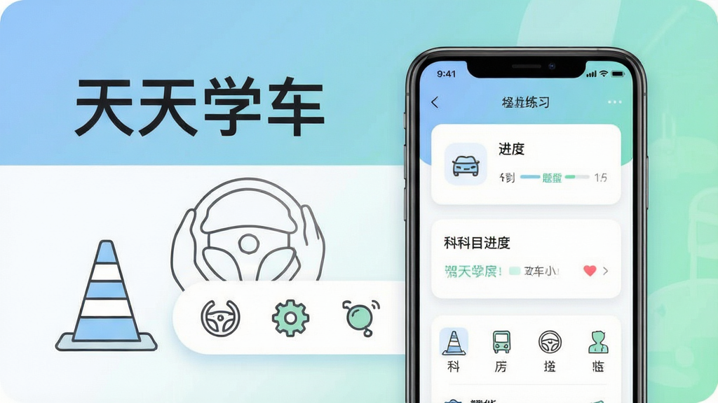 一款名为“天天学车”的手机应用界面展示图,主体为居中摆放的智能手机,屏幕内呈现驾考题库练习页面与科目进度卡片,布局上手机位于画面中央偏右,左侧留白处放置简约的交通锥与方向盘线描元素,排版采用上下分层结构,上方为应用标题区域下方为功能图标横排,风格为清爽现代的扁平化UI插画,细节包括柔和的蓝绿渐变背景、圆角卡片、细线条图标与轻微投影,画质清晰干净,无多余元素