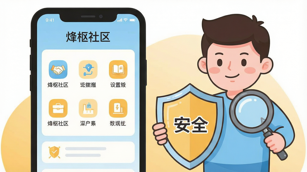 画面主体为一部手机屏幕显示“烽枢社区”设置界面,屏幕旁有一个卡通人物手持盾牌与放大镜,盾牌上标注“安全”字样;布局为左右结构,左侧手机右侧人物;风格为扁平化科普插画,配色以浅蓝与暖黄为主;细节上手机界面图标清晰,人物表情友善,画质干净整洁,画面文字为“烽枢社区”,无多余元素