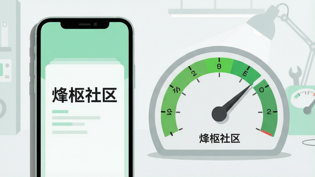 画面主体为一部手机与一块代表系统资源的仪表盘并排展示,仪表盘上指针指向绿色节能区域,手机屏幕显示“烽枢社区”运行界面;背景为简洁的浅色工作室场景;风格为扁平化信息图插画,配色以薄荷绿与浅灰为主;细节上仪表盘刻度清晰,手机边缘有轻微阴影,画质干净明亮,画面文字为“烽枢社区”,无多余装饰