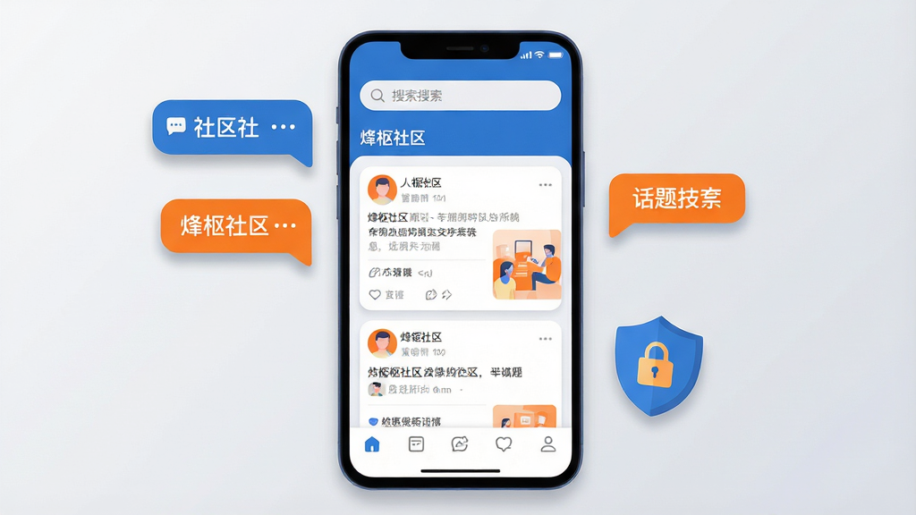 画面主体为一部竖屏安卓手机,手机屏幕中央展示“烽枢社区”应用主界面,界面包含顶部搜索栏、中部动态信息流卡片与底部导航栏;手机两侧悬浮着社区聊天气泡、话题标签与安全盾牌图标;整体采用扁平化插画风格,配色以科技蓝与活力橙为主,背景为浅灰色渐变;细节上突出卡片圆角与图标阴影,画质清晰干净,画面中文字为“烽枢社区”,无多余装饰元素