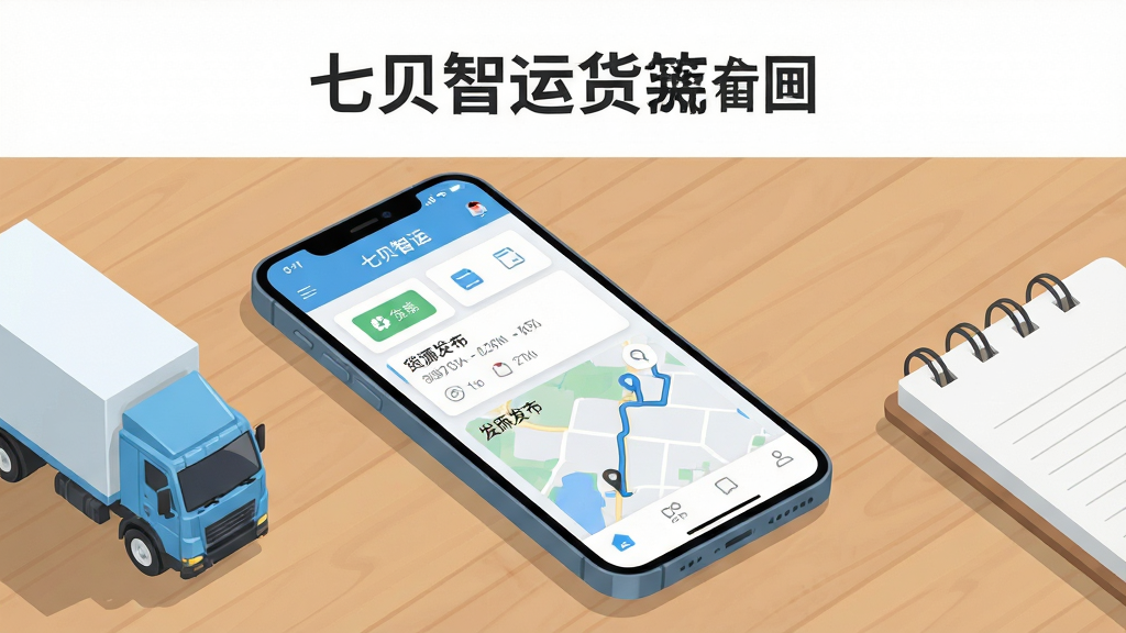 画面主体为一部智能手机,屏幕中显示七贝智运货主端的货运订单管理界面,包含货源发布卡片与地图轨迹模块,手机斜放在木质办公桌面上,旁边摆放小型货车模型与记事本,布局采用居中构图,上方留白放置软件名称文字,整体风格为清爽商务扁平化插画,细节包括柔和的投影、清晰的界面图标、浅蓝与白色主色调,画质高清,画面干净,无多余元素