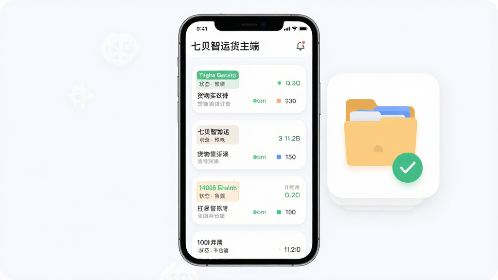 画面主体为七贝智运货主端订单管理列表界面,手机屏幕中呈现多条订单卡片,卡片上标注状态标签与货物摘要,布局为手机居中、右侧延伸出文件夹与对勾图标,风格为清新浅色扁平插画,细节包括卡片圆角、状态色块区分、整洁的留白,画质高清,画面干净,无多余元素