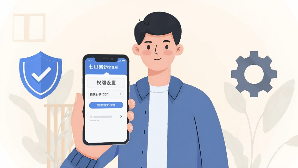 画面主体为一名用户手持手机正在操作七贝智运货主端,手机屏幕显示权限设置与安装引导界面,旁边搭配盾牌图标与齿轮图标,布局为人物半身居中、图标分列两侧,风格为扁平化生活场景插画,细节包括简洁的人物服饰、清晰的界面元素、浅色背景,画质高清,画面干净,无多余元素