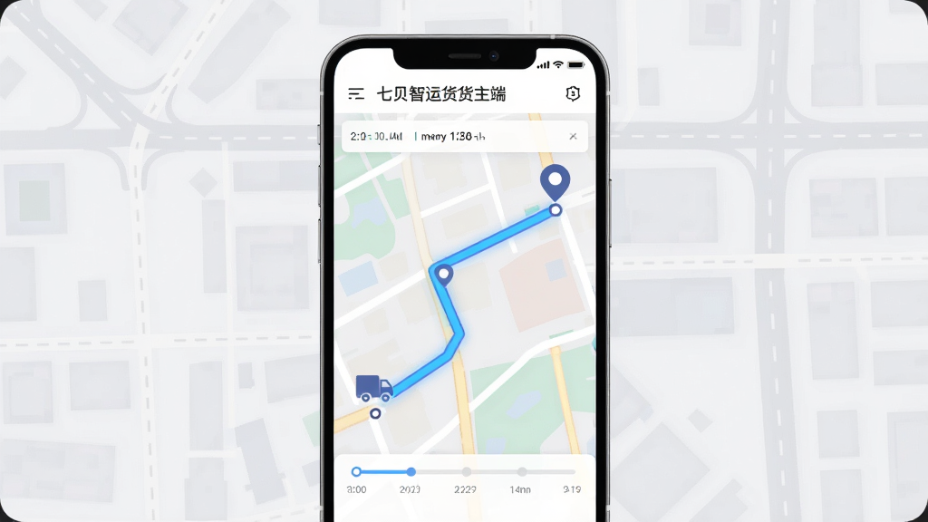 画面主体为七贝智运货主端运输轨迹追踪页面,手机屏幕显示地图路线与货车定位图标,路线以高亮线条标注起点与终点,布局为手机竖屏居中展示,背景为浅灰色城市道路网格,风格为简洁科技风插画,细节包括定位标记、时间轴信息条、柔和的地图色块,画质高清,画面干净,无多余元素