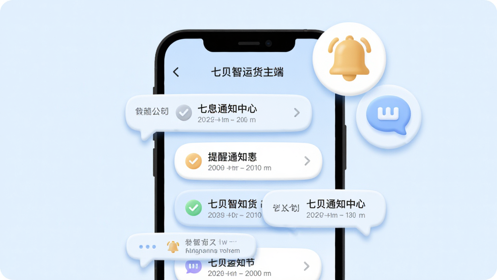 画面主体为七贝智运货主端消息通知中心界面,手机屏幕显示多条业务提醒气泡,旁边搭配铃铛图标与对话气泡元素,布局为手机居中、图标悬浮于右上角,风格为柔和圆角卡通商务插画,细节包括浅蓝底色、清晰的提醒条目、柔和阴影,画质高清,画面干净,无多余元素