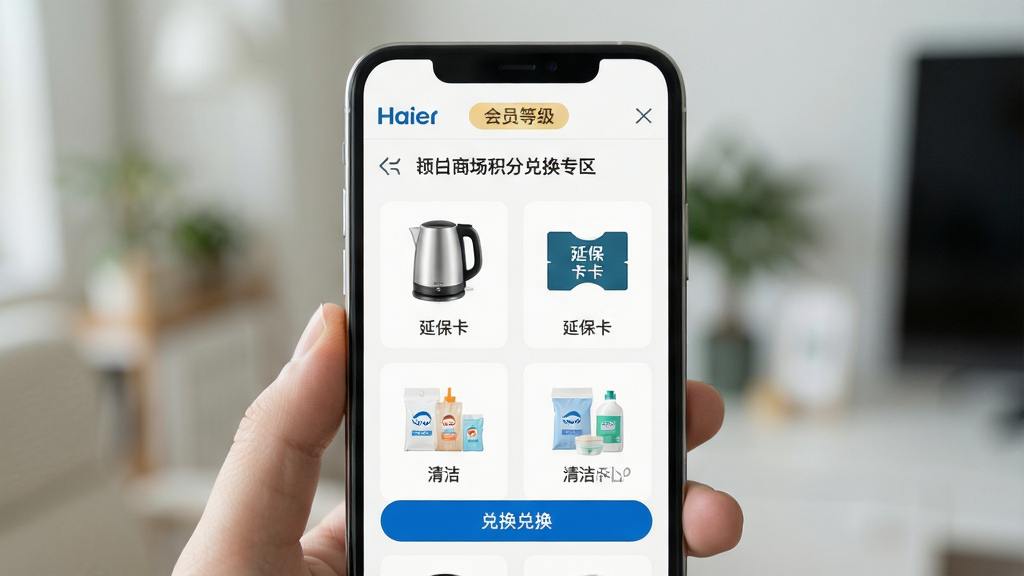 画面主体为手机屏幕特写,显示海尔商城积分兑换专区页面,页面中排列着电水壶、延保卡、清洁套装等兑换商品图标,顶部有会员等级标识;布局为居中手机特写,背景虚化处理;风格为清新浅色系UI展示风;细节上积分数字与兑换按钮清晰可见,图标色彩柔和;画质高清,干净,无多余元素
