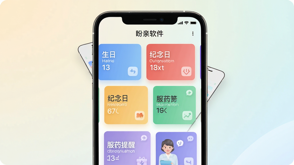 盼亲软件亲情提醒功能界面,手机屏幕显示多个彩色提醒卡片,卡片上标注生日、纪念日、服药提醒等文字内容,背景为柔和浅色渐变,布局规整,风格现代简约,细节清晰,画质干净高清