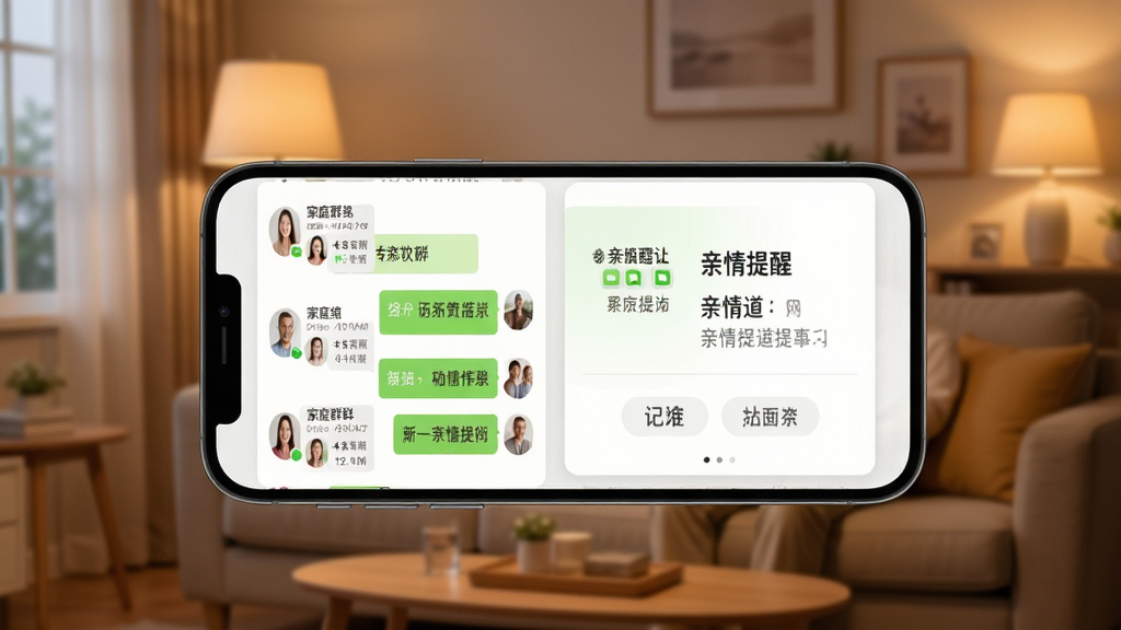 盼亲软件主界面展示,画面中央是手机屏幕,屏幕上显示家庭群组聊天与亲情提醒卡片,背景为温馨的家庭客厅场景,暖色调灯光,布局简洁清晰,风格写实温馨,细节丰富,画质高清,干净无多余元素