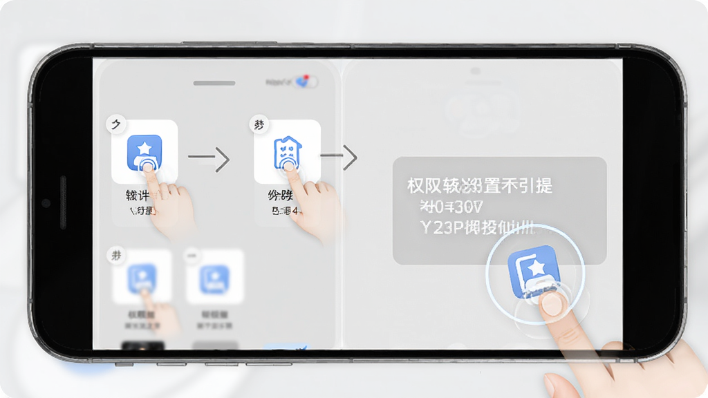 盼亲软件移动端操作引导界面,手机屏幕显示分步操作图示与权限设置提示,画面中有手指点击图标示意,背景为浅灰色简洁风格,布局清晰直观,细节明了,画质干净高清