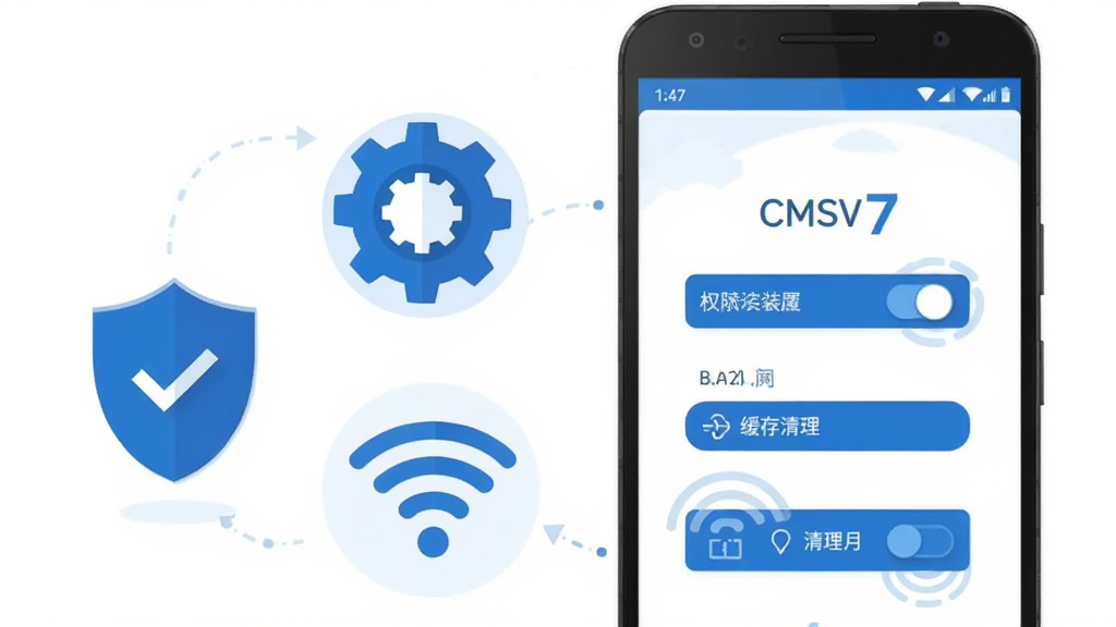 画面主体为一部安卓手机屏幕显示CMSV7软件登录界面,界面旁边漂浮着齿轮设置图标、盾牌安全图标和WiFi信号图标;布局为手机居中偏右,辅助图标环绕左侧;排版为教程引导风格,图标与手机形成呼应;风格为扁平化插画风,以蓝白为主色调;细节包括权限开关滑块、缓存清理图标、网络信号波纹等元素;画质高清,画面干净,无多余元素,传达新手安装设置与权限管理的实用指引