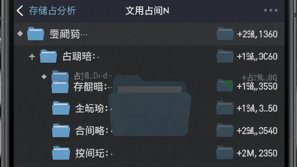 一张手机界面示意图,展示存储占用分析软件的文件夹层级列表页面,列表项按占用空间从大到小排列,每项右侧显示文件夹大小,画面风格为简洁商务风,布局规整,细节包括文件夹图标与数值,画质清晰干净