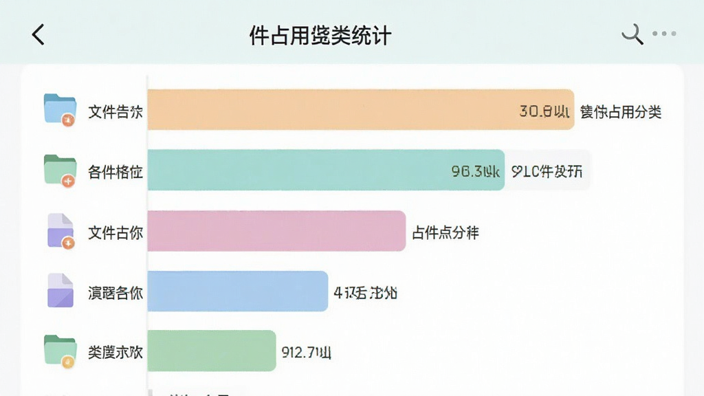 一张手机应用截图风格图,画面展示存储占用分析软件的文件类型分类统计页面,以横向条形图呈现各类文件占用大小,配色柔和,风格清新浅色,细节包括文件类型图标与容量数值,画质干净整洁