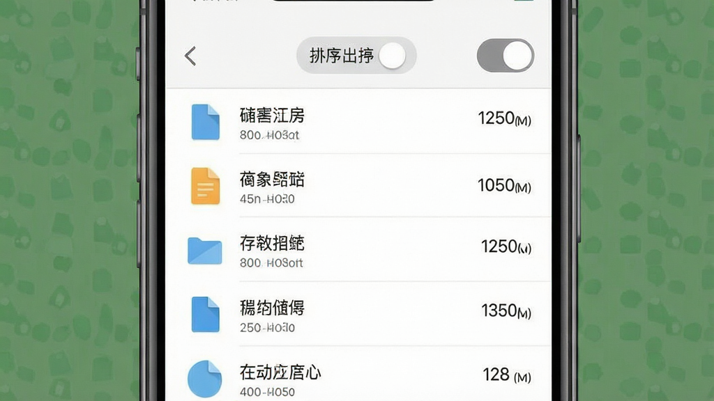 一张手机界面效果图,画面为存储占用分析软件的大文件列表页面,文件按大小降序排列,顶部有排序切换按钮,风格为素雅极简,布局清晰,细节包括文件图标、名称与大小数值,画质干净无多余装饰