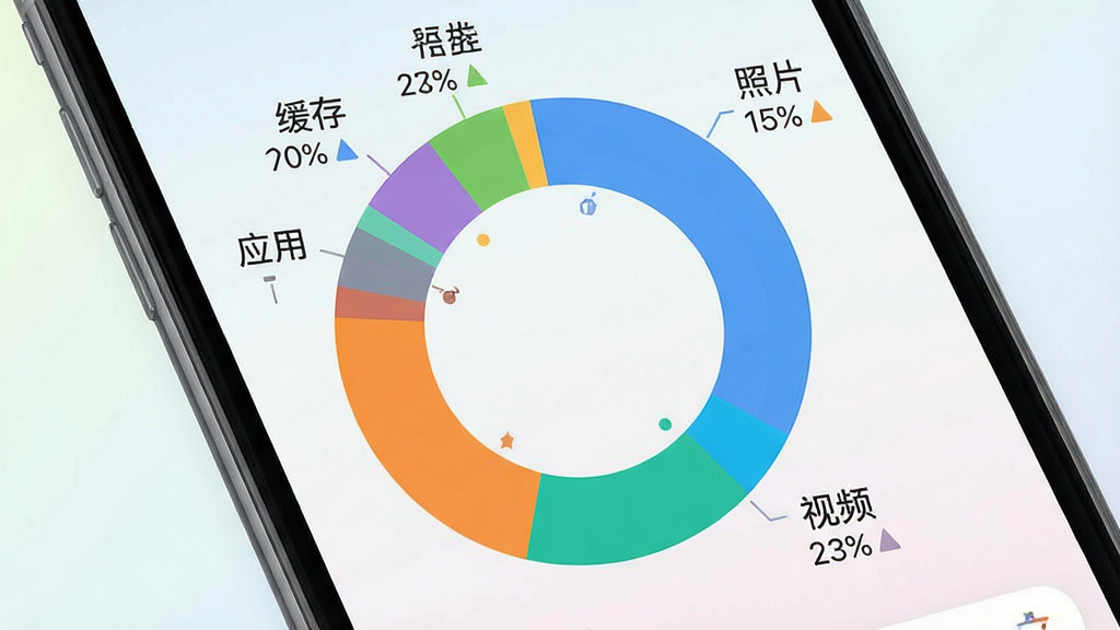 一张手机应用界面图,画面主体为存储占用分析软件的环形图表,图表周围标注着照片、视频、应用、缓存等分类标签,背景为浅色渐变,风格清爽简约,细节清晰可见分类色块与百分比数字,画质干净无杂乱元素